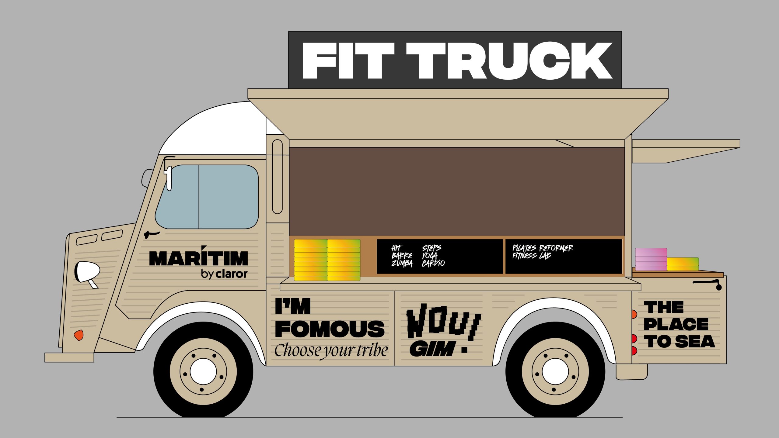Vista lateral con el Fit Truck abierto. La idea era repartir descuentos, flyers promocionales y muestras gratuitas de productos de nutrición deportiva.