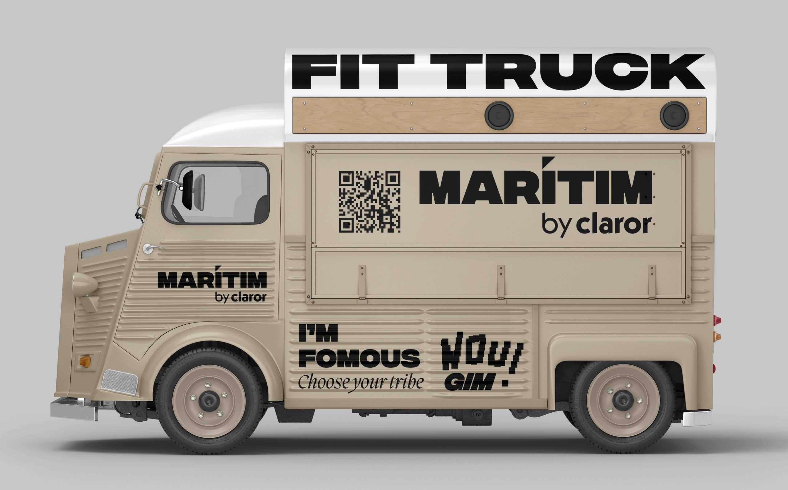 Vista lateral del Fit Truck. Es un food truck de aspecto vintage epro brandeado para el Marítim